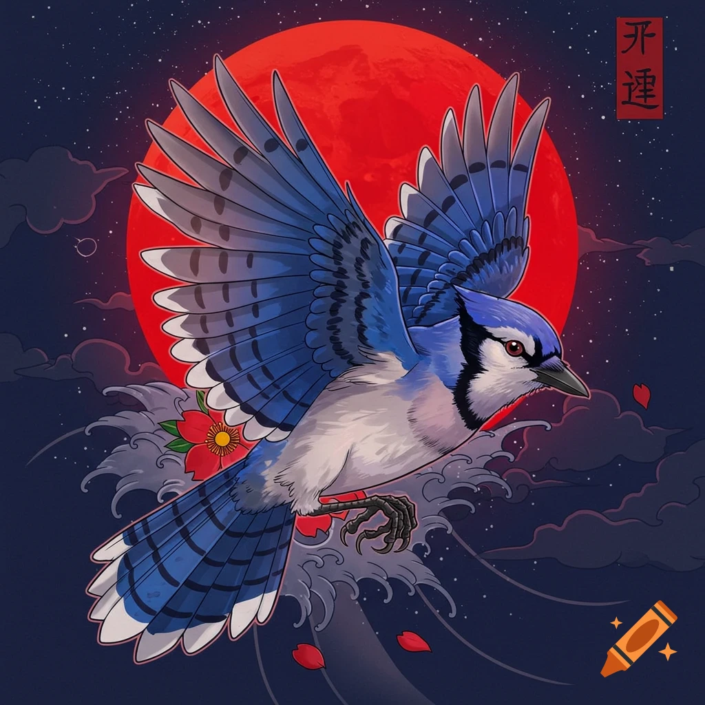 A blue jay flies with outstretched wings in a Japanese art style illustration, set against a large red moon and starry sky with stylized waves and flowers below.