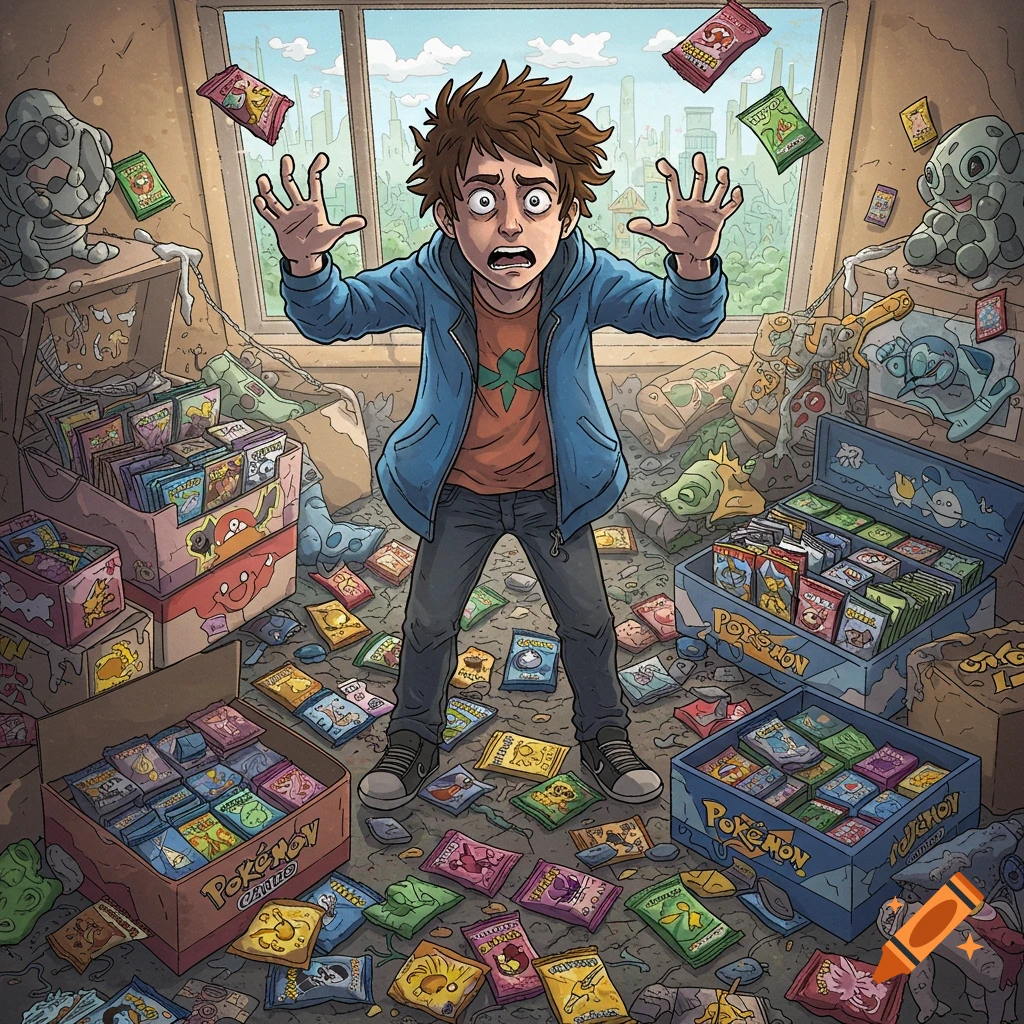 A boy looks panicked in a messy room overflowing with trading cards.