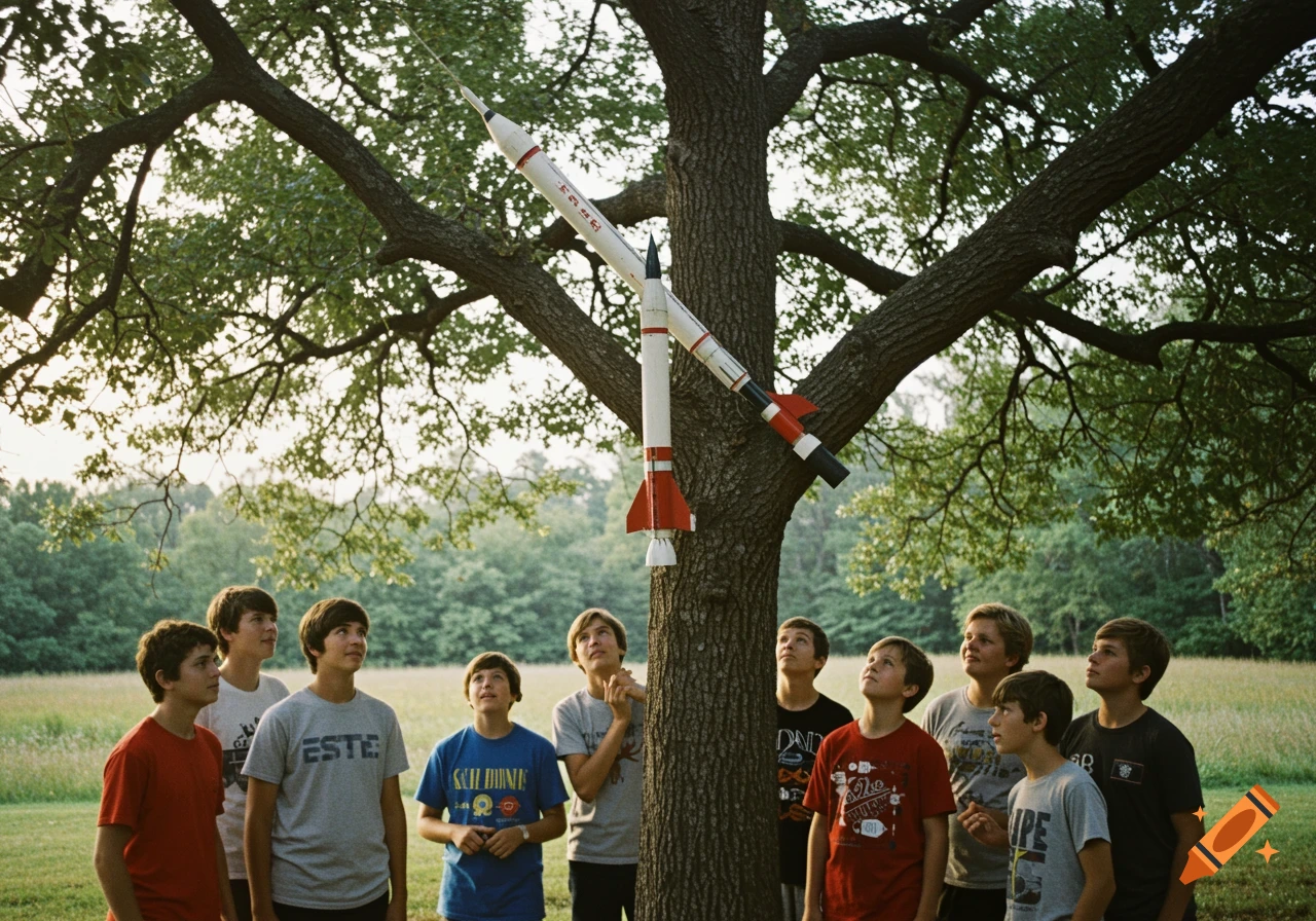 Boys look up at a model rocket stuck high in a tree.