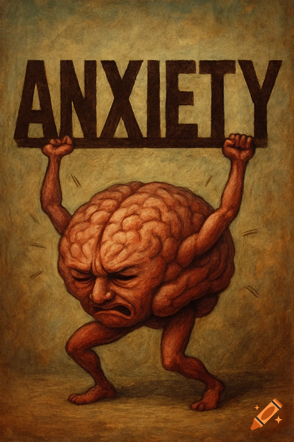 A stylized, muscular brain figure struggles to lift a heavy bar labeled 'ANXIETY'.