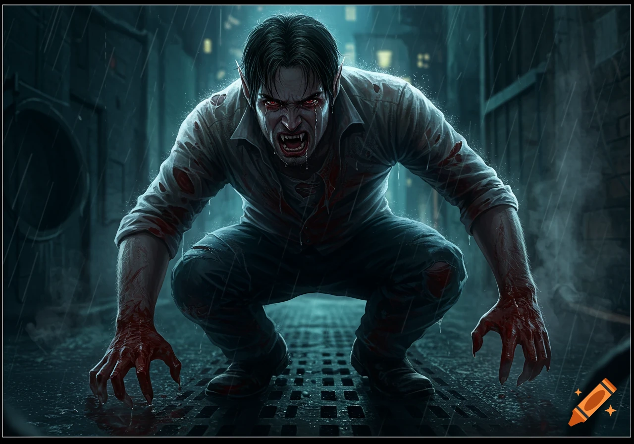 Cinematic realism illustration of a crouching vampire with bloody hands snarling in a rainy alley.