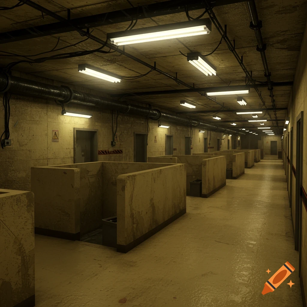 A long, eerie, dimly lit corridor with fluorescent lights, concrete walls, pipes, and partitioned areas on the side.