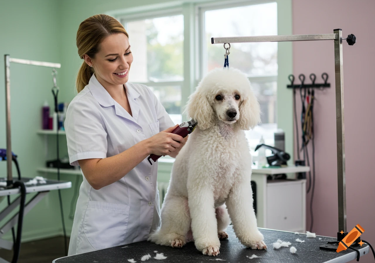 A smiling woman groomer is trimming a white poodle's fur with clippers on a grooming table.