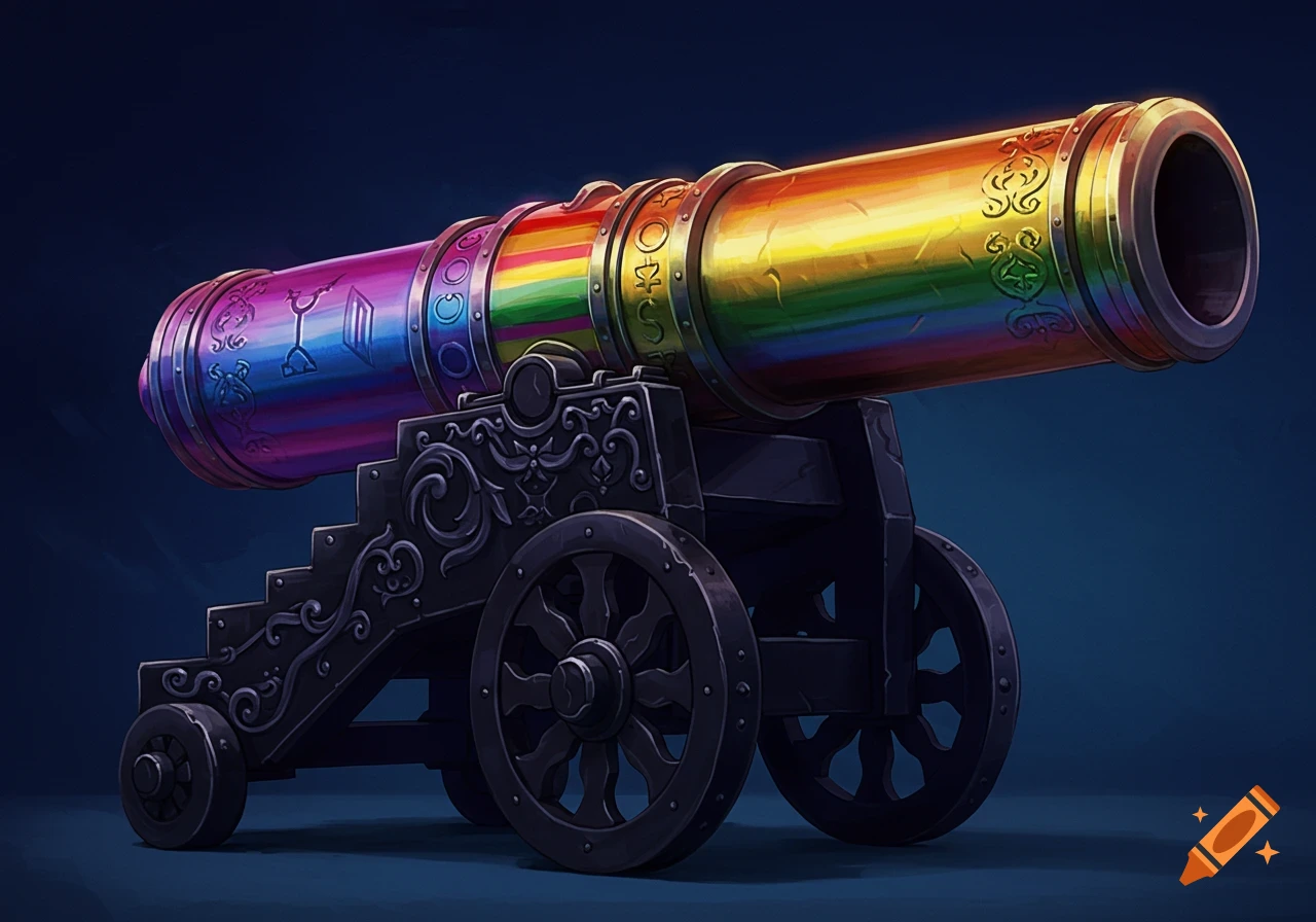 A stylized cannon barrel painted with a rainbow flag pattern sits on a dark grey carriage.