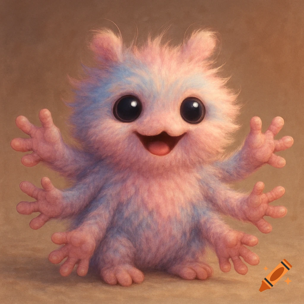 A cute fluffy pink and blue fantasy creature with big eyes and multiple arms stands smiling.