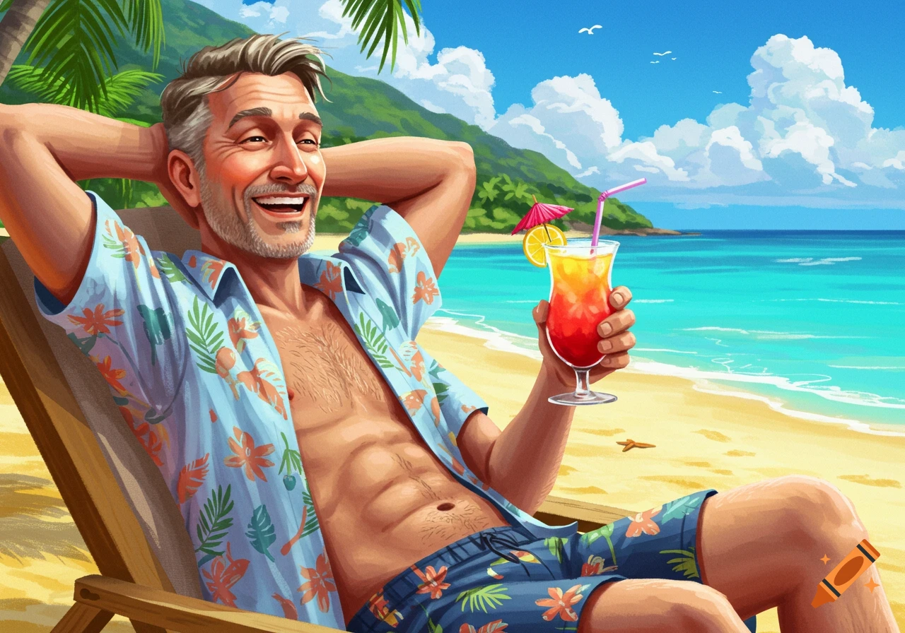 Man relaxes on a beach chair with a drink in hand, palms overhead and ocean in the background.