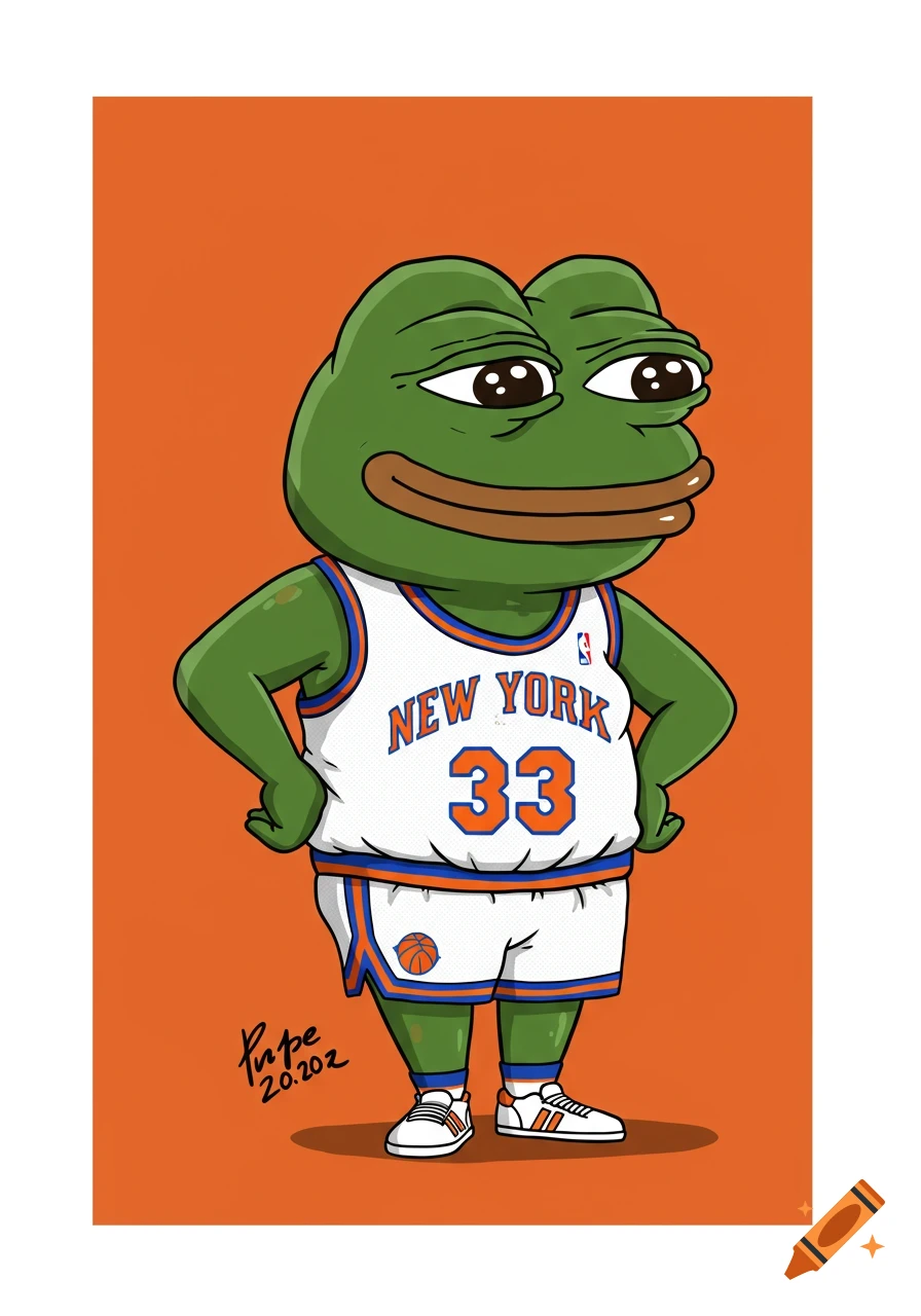 Cartoon of Pepe the Frog wearing a New York Knicks jersey and shorts.