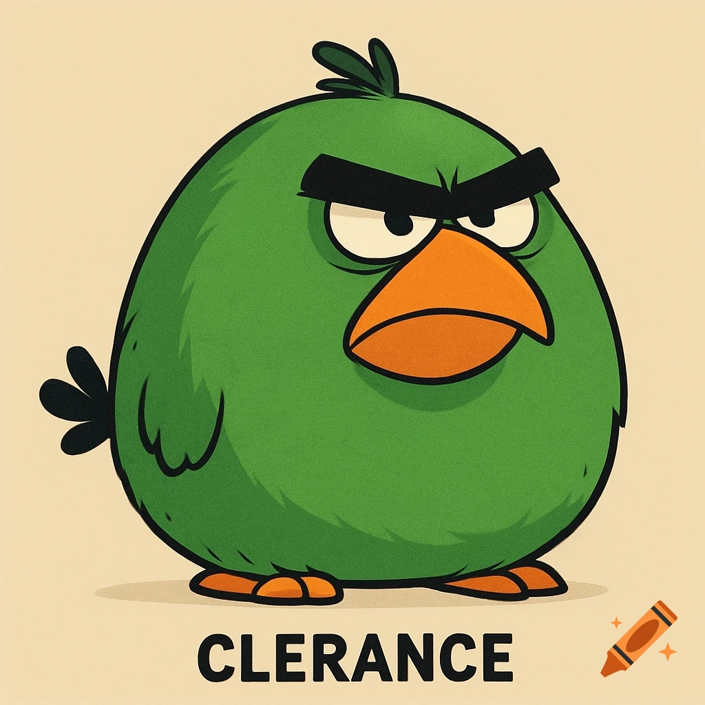 A green cartoon bird in the style of Angry Birds stands above the text "CLERANCE".
