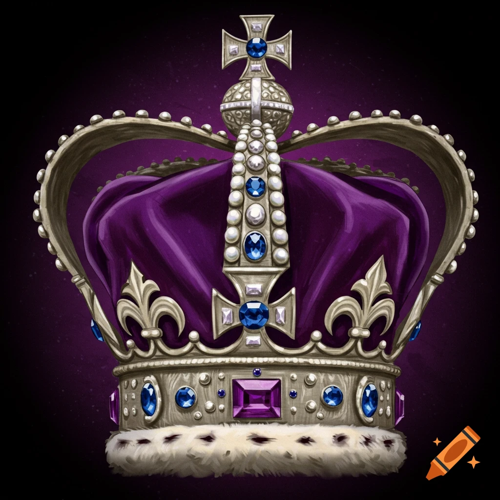 Illustration of a royal crown with purple velvet, gold, pearls, and blue and purple jewels.