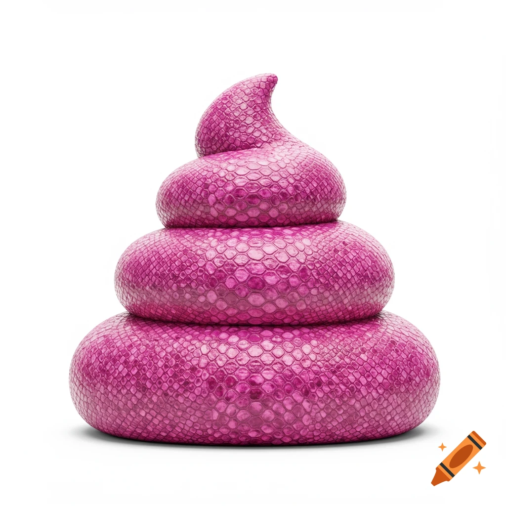 3d rendering of a pink pile of poop with a snake scale texture on a white background.