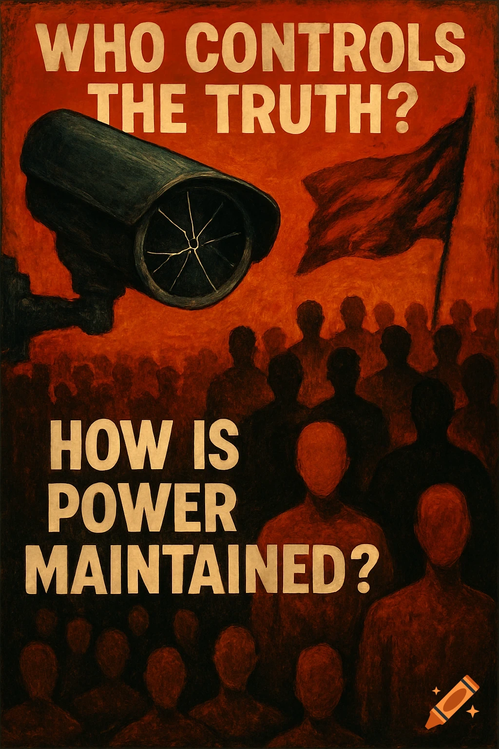 Propaganda-style poster with a security camera, red flag, and a crowd, asking 'WHO CONTROLS THE TRUTH?' and 'HOW IS POWER MAINTAINED?'