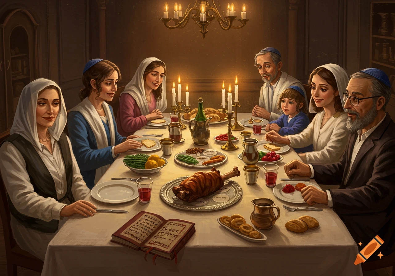 Family sits around a table set for a Seder meal, lit by candlelight.