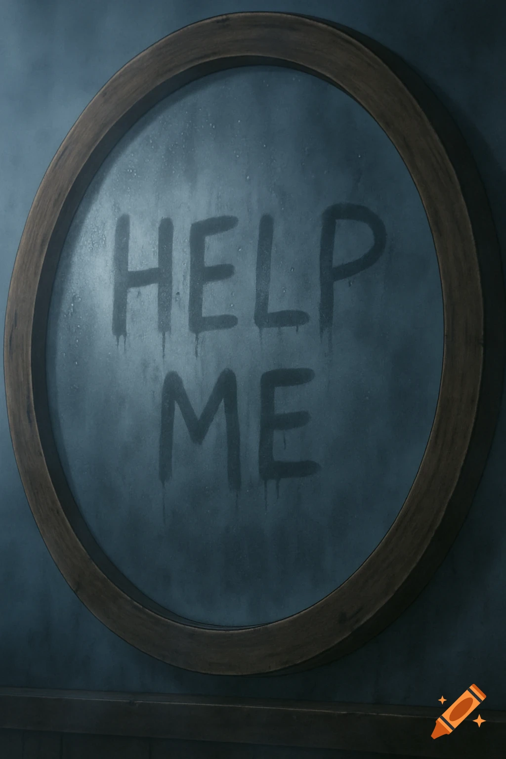 Eerie anime scene showing the words "HELP ME" written in condensation on a foggy round mirror.