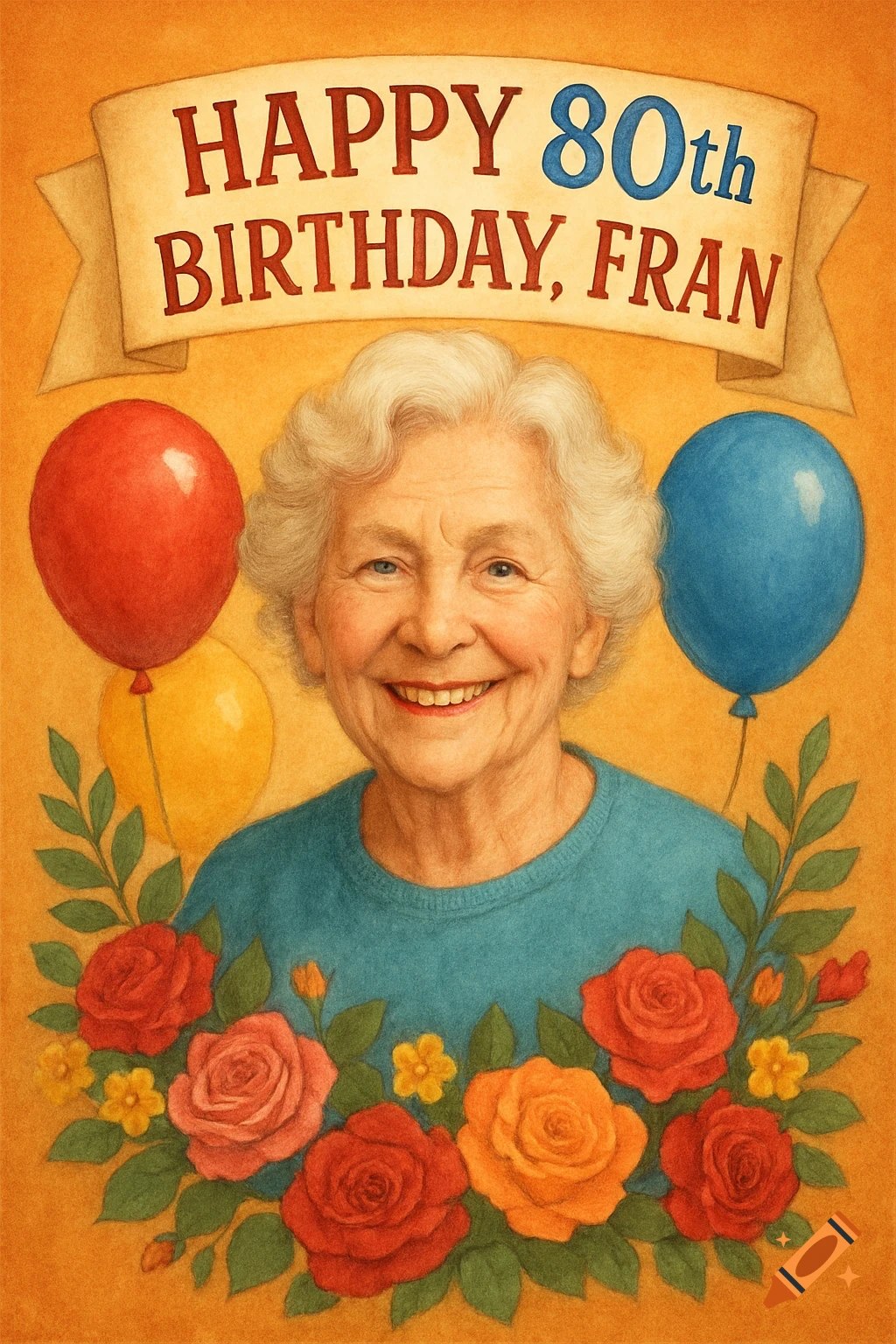 An illustration of an older woman smiling surrounded by balloons and flowers with a banner reading 'Happy 80th Birthday, Fran'.