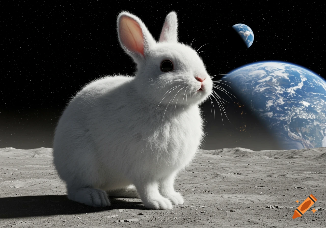 Realistic white rabbit sitting on the moon surface with Earth visible in the background.