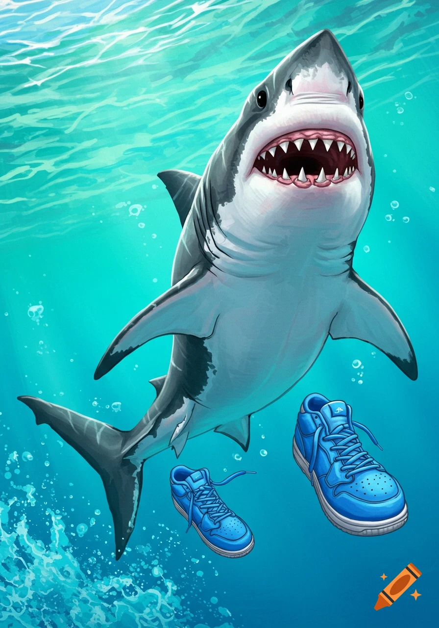 A cartoon shark swims underwater with a pair of blue athletic shoes.