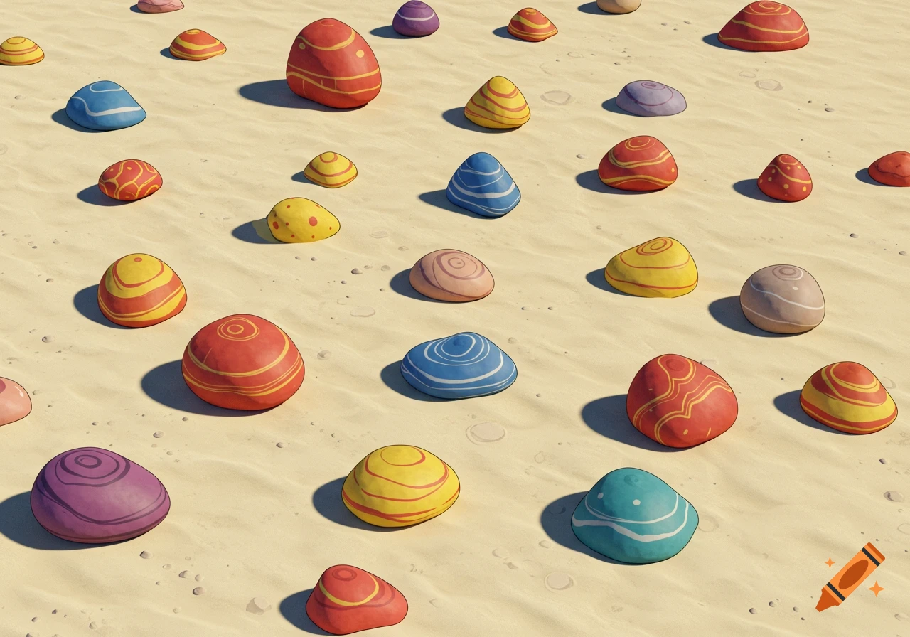 An overhead view of colorful, patterned rocks scattered across a sandy surface.