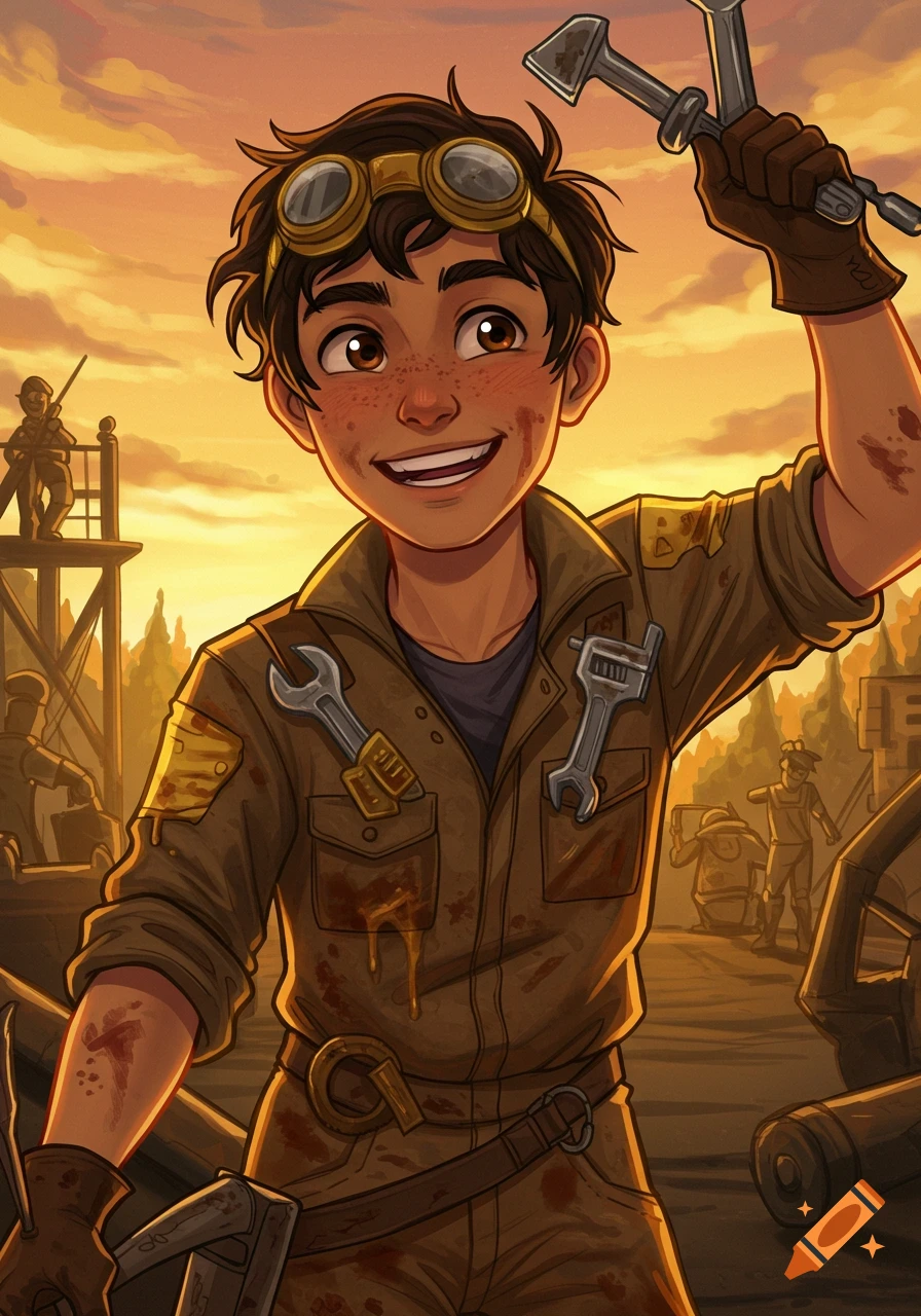 Illustration of a smiling young mechanic holding tools, covered in grime, in a workshop at sunset.