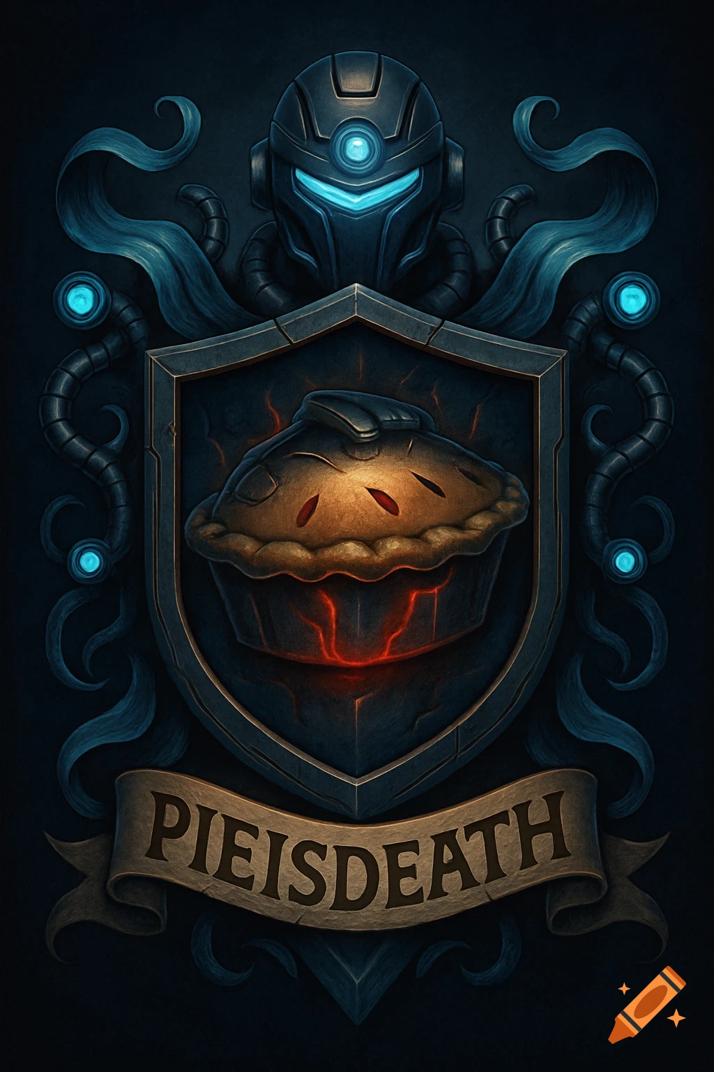 Sci-fi and fantasy coat of arms with a helmet, shield featuring a pie, and banner.