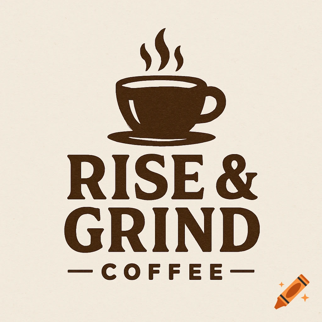 Coffee shop logo with a steaming cup above the text "RISE & GRIND" and "COFFEE".