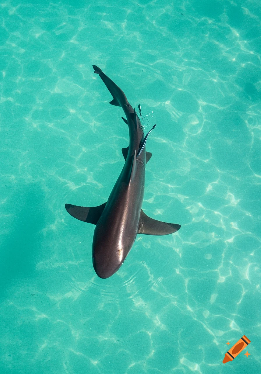 A shark swims in clear blue water, viewed from above.