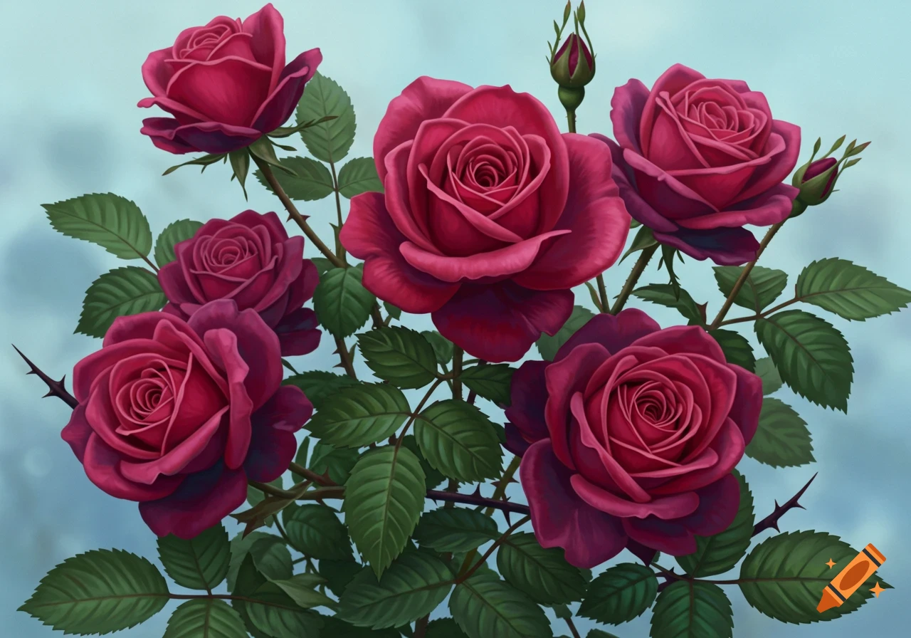 A cluster of vibrant red roses, leaves, and thorns against a soft blue background, digital painting style.