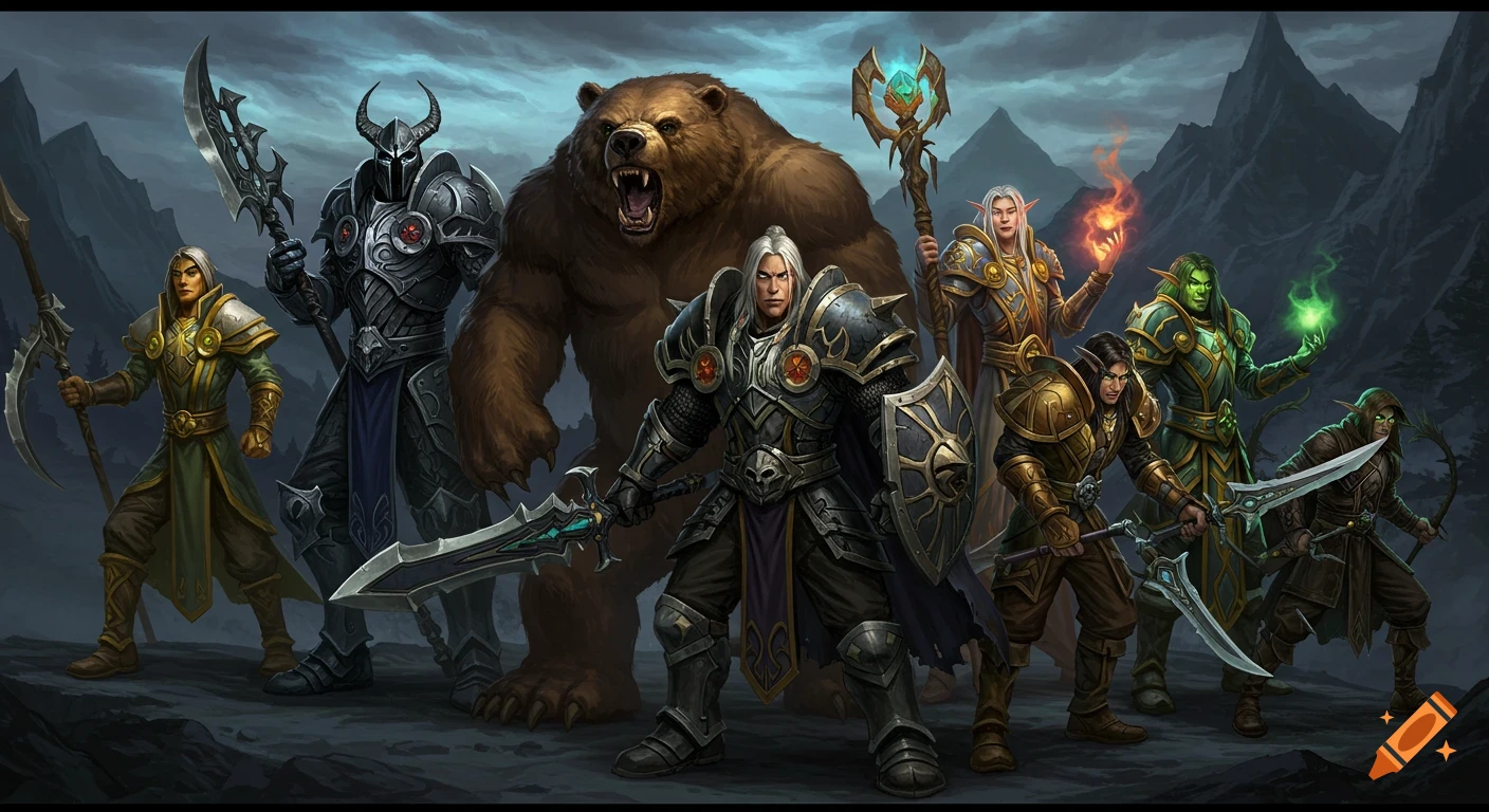 Group of fantasy characters and a bear in a World of Warcraft style scene