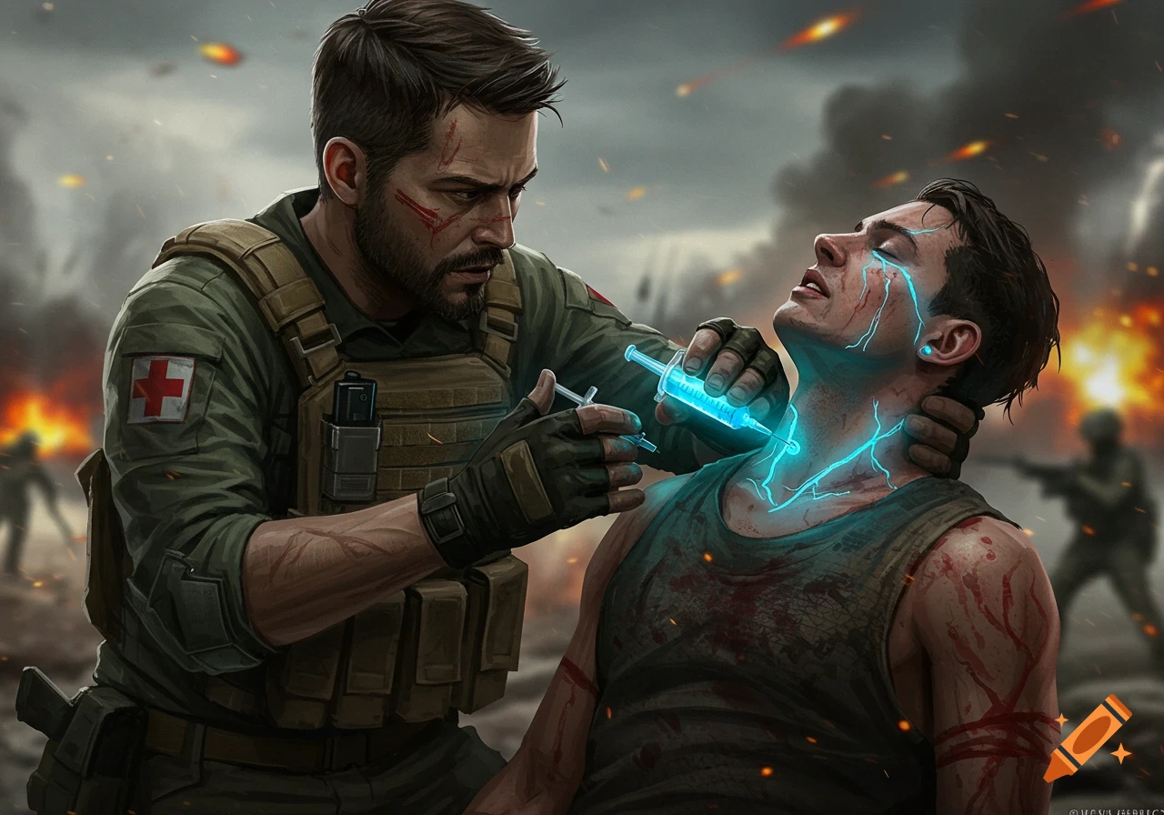 Combat medic injects a glowing blue serum into a wounded soldier's neck amidst battlefield chaos.