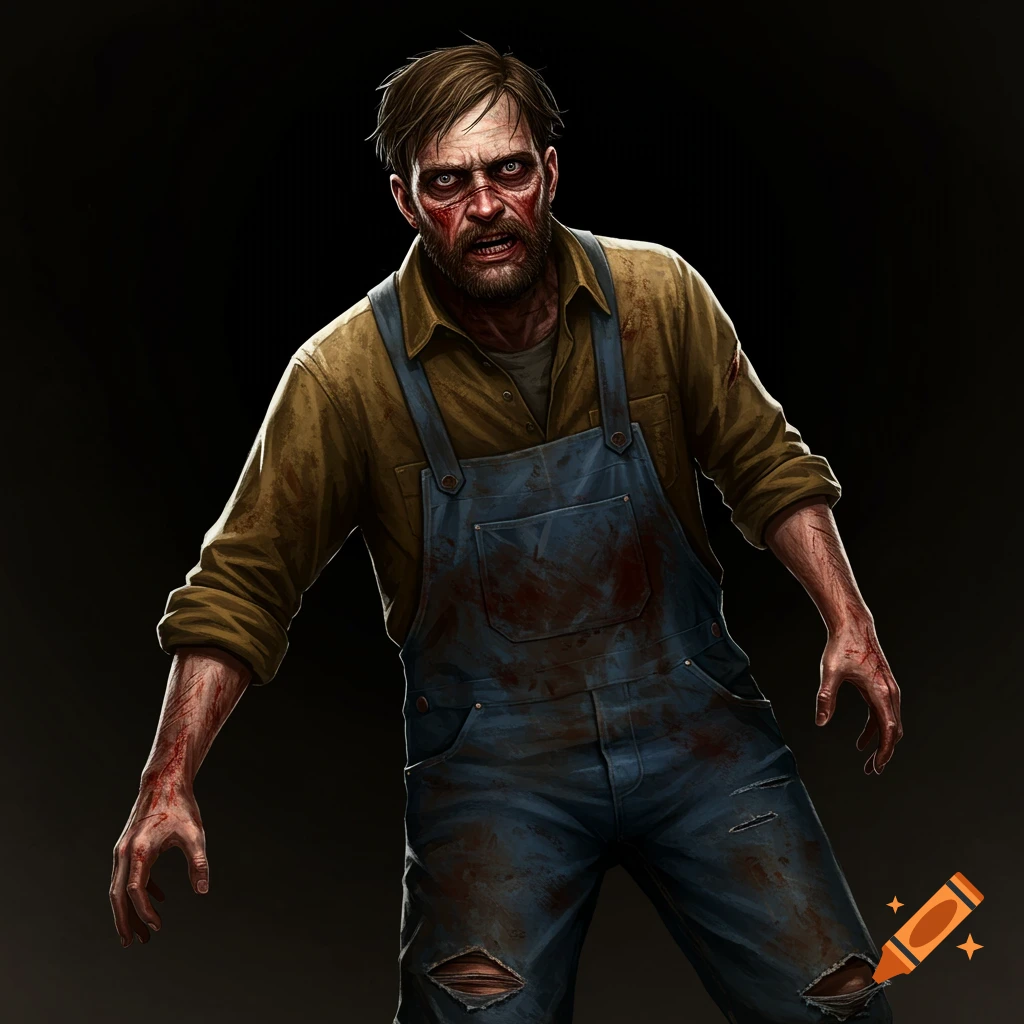 Illustration of a blood-covered zombie in overalls looking aggressive.