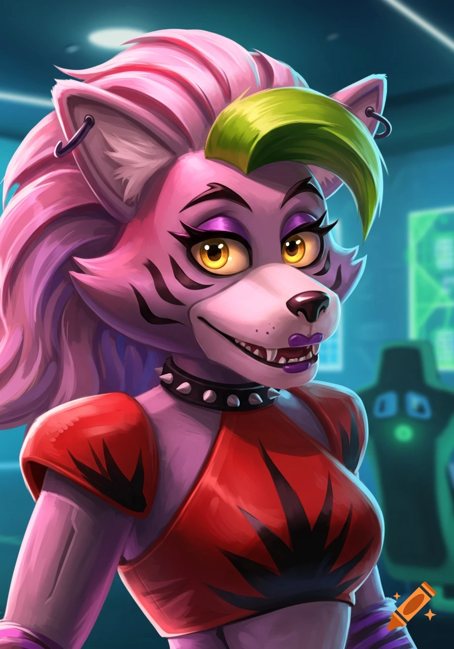 Roxanne Wolf from Five Nights at Freddy's, anthropomorphic wolf character, stylized digital art
