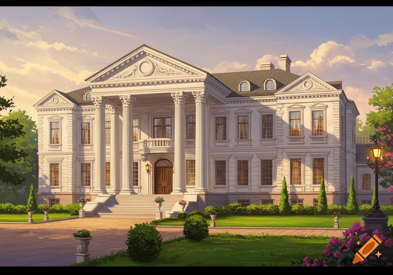 Classical mansion with columns and grand staircase in a park at sunset.