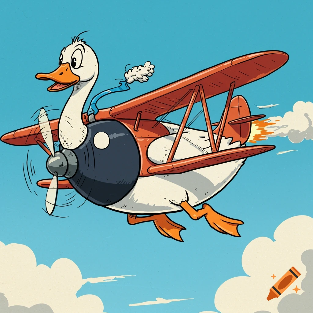 Cartoon goose flying a biplane in the sky