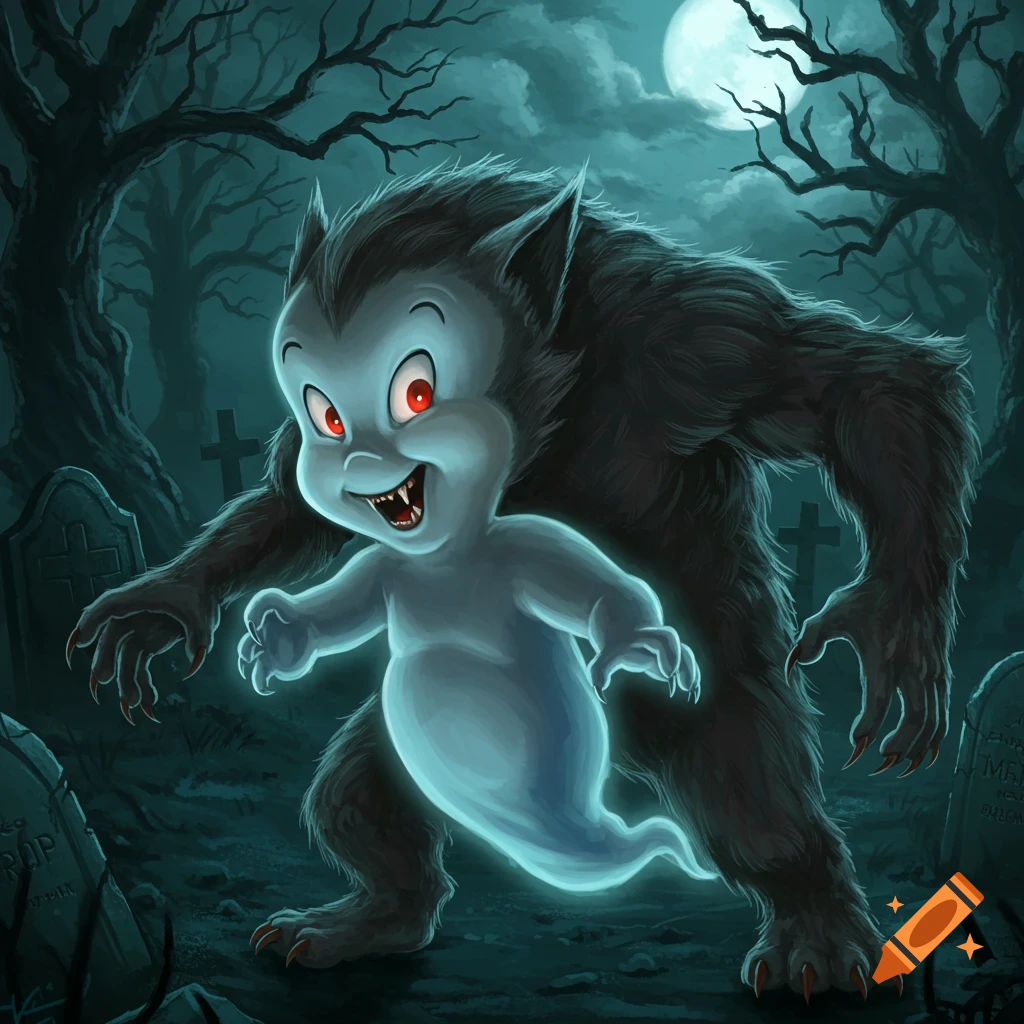 A cartoony ghost with werewolf features stands in a spooky graveyard under a full moon.