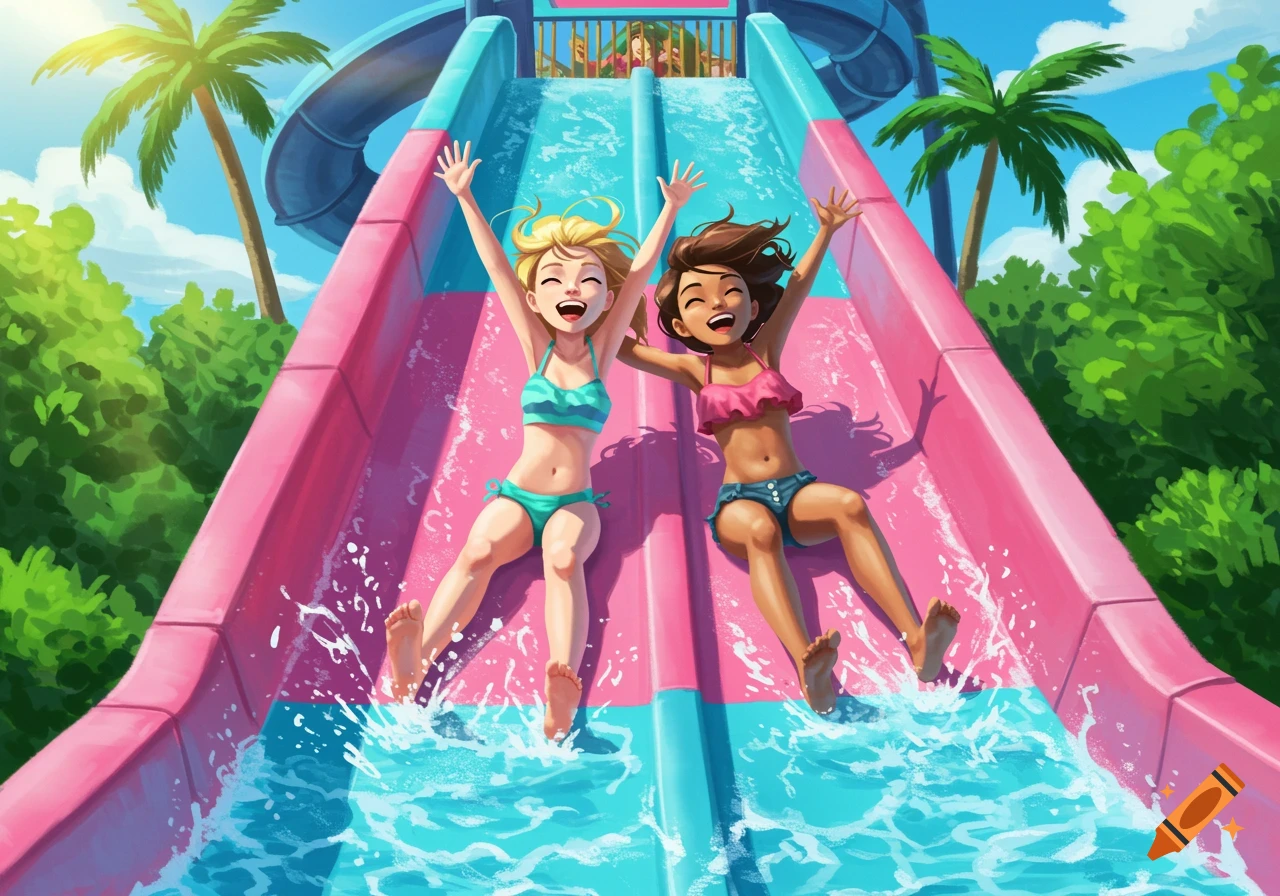 Two smiling girls slide down a pink and blue waterslide, splashing in the water, in an illustration.