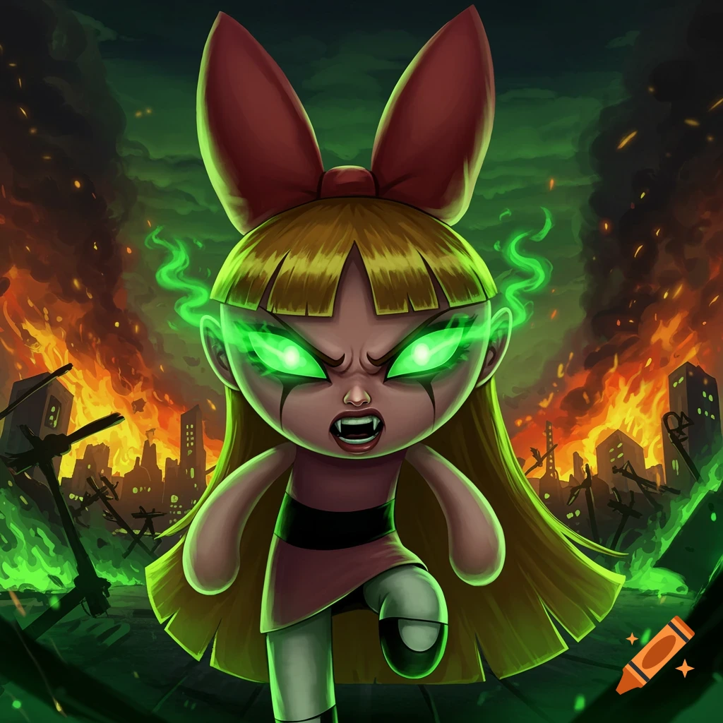 Evil Blossom from Powerpuff Girls with glowing green eyes amidst a burning city, digital illustration.