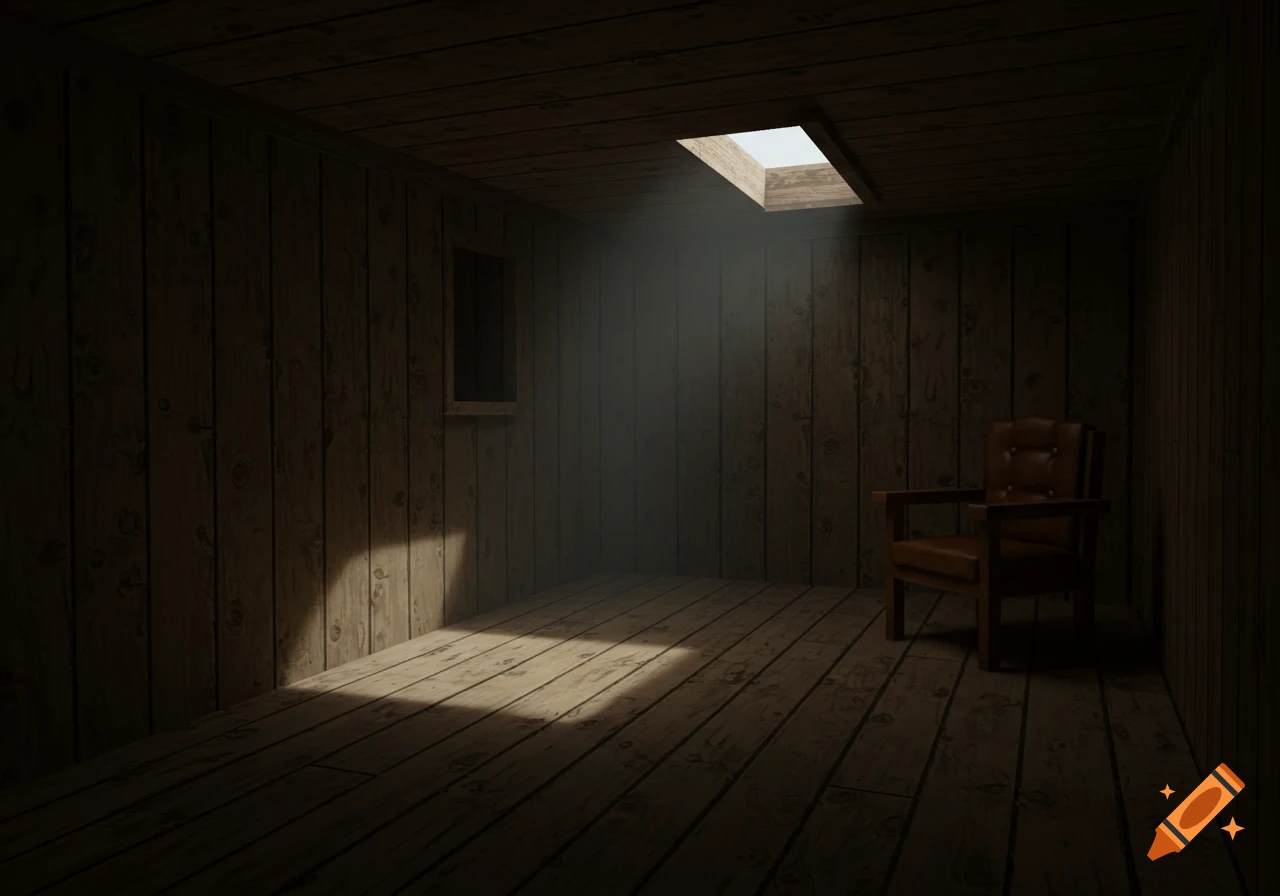 Dimly lit wooden room with a skylight casting light beams and a single chair.