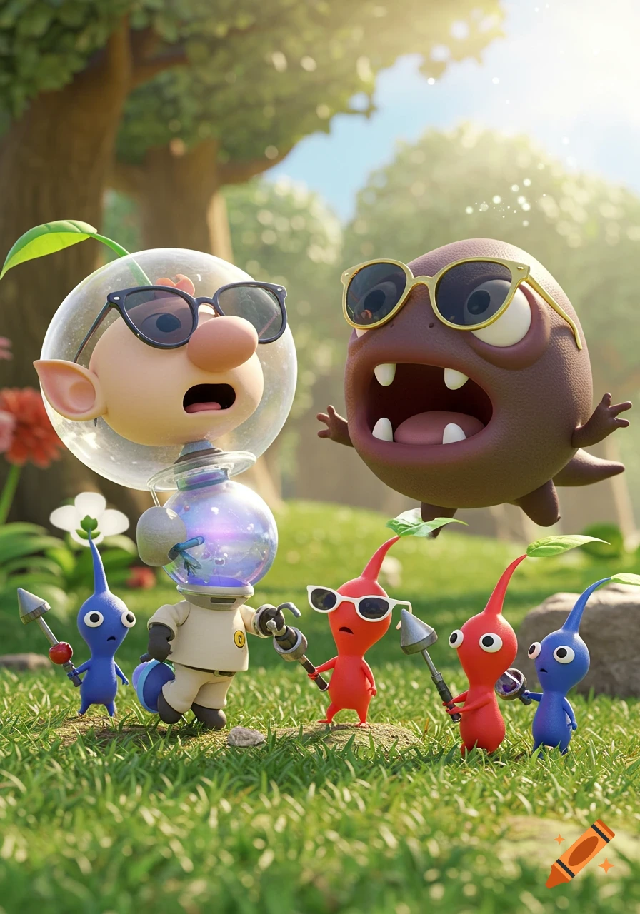 Pikmin and a Bulborb wearing sunglasses in a grassy field in Pixar style.