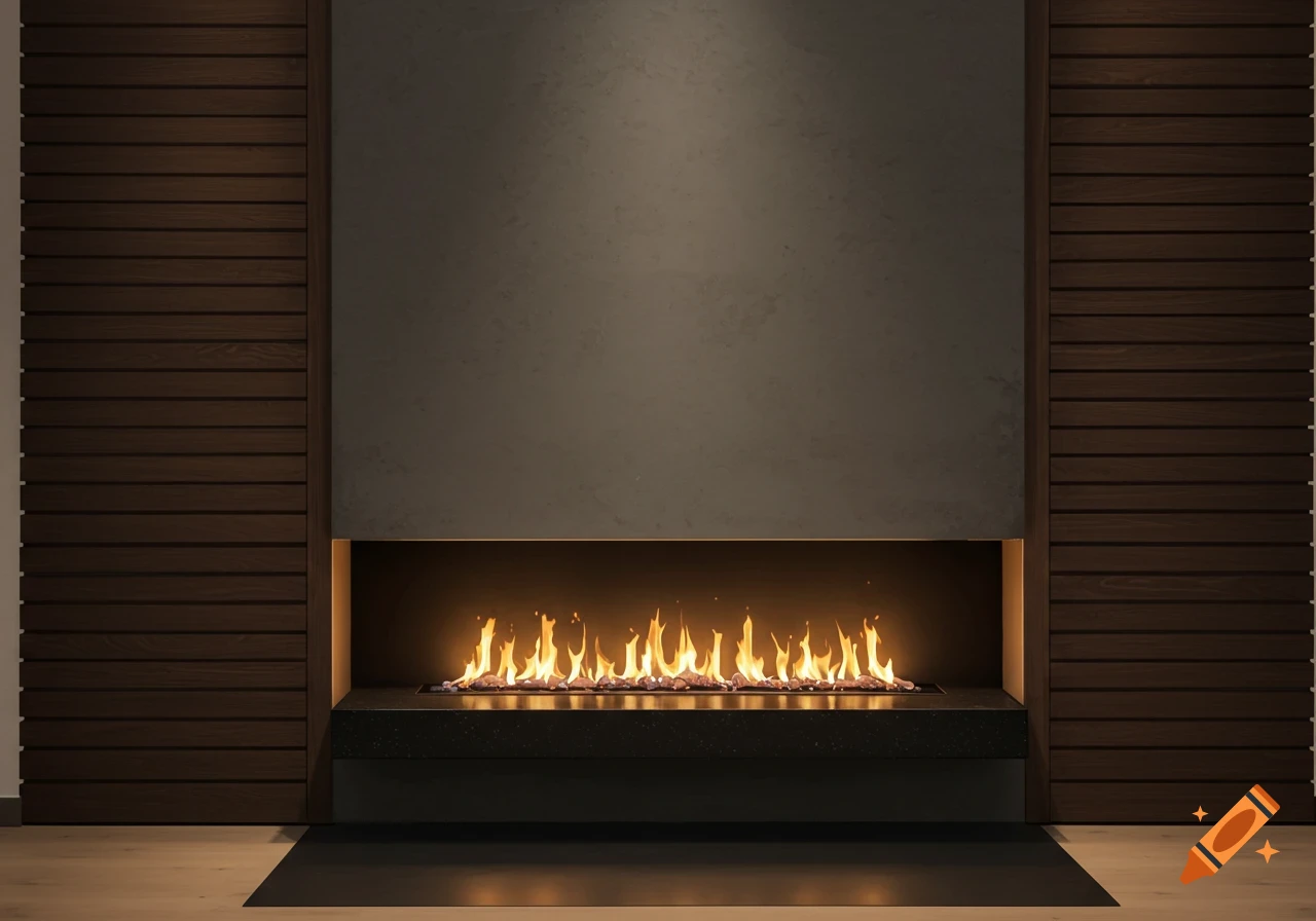A modern linear fireplace with a floating hearth and dark wood paneling.