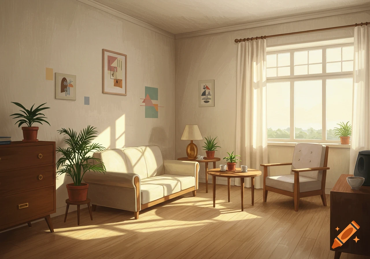 Cozy living room illustration with couch, chair, plants, and sunlight streaming through a window.