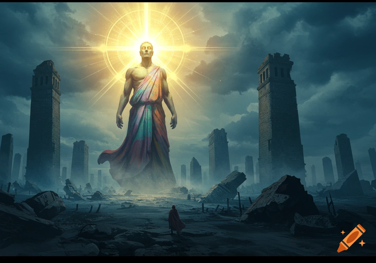 A large radiant figure stands over crumbling towers, observed by a small figure in a ruined landscape.