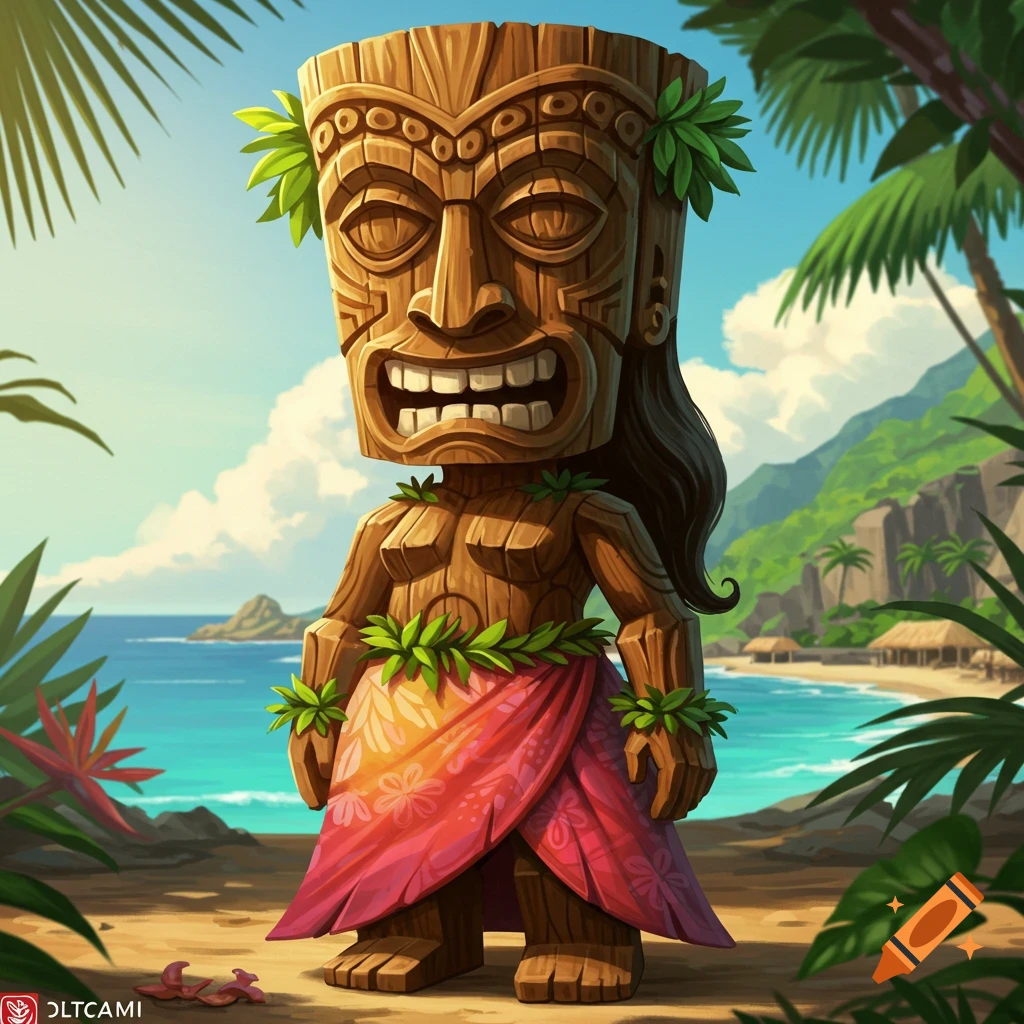 A wooden tiki statue wearing a floral skirt stands on a tropical beach with palm trees and ocean.