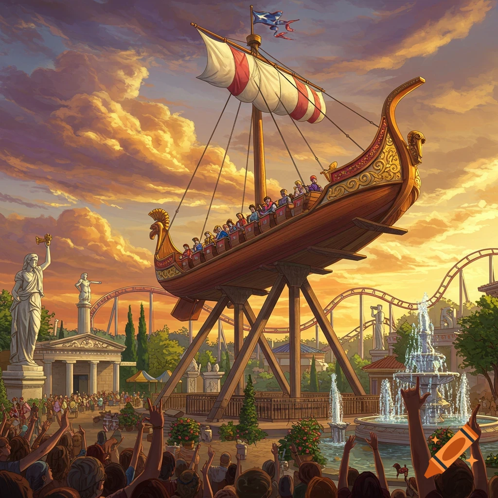 Illustration of a theme park ride shaped like a Viking ship swinging, with a crowd watching, Roman buildings, fountains, and a roller coaster under a dramatic sunset sky.