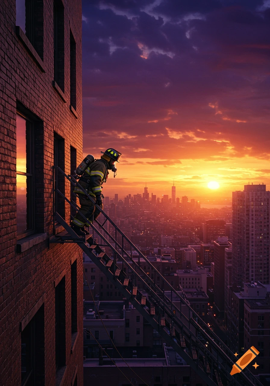 A firefighter stands on a fire escape ladder, looking out over a city skyline during a vibrant sunset.