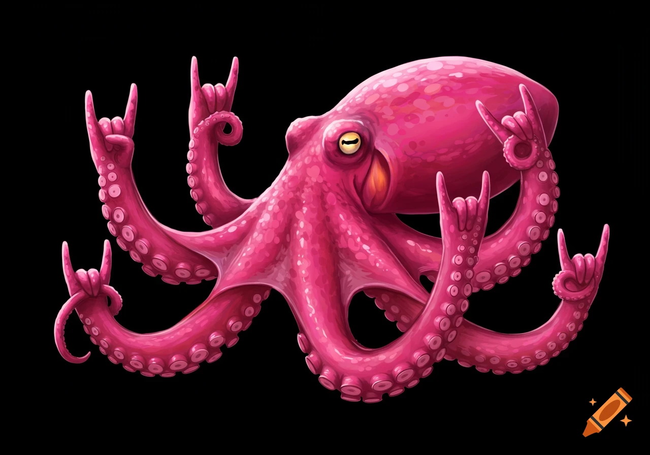A pink octopus with tentacles making rock and roll hand signs on a black background.