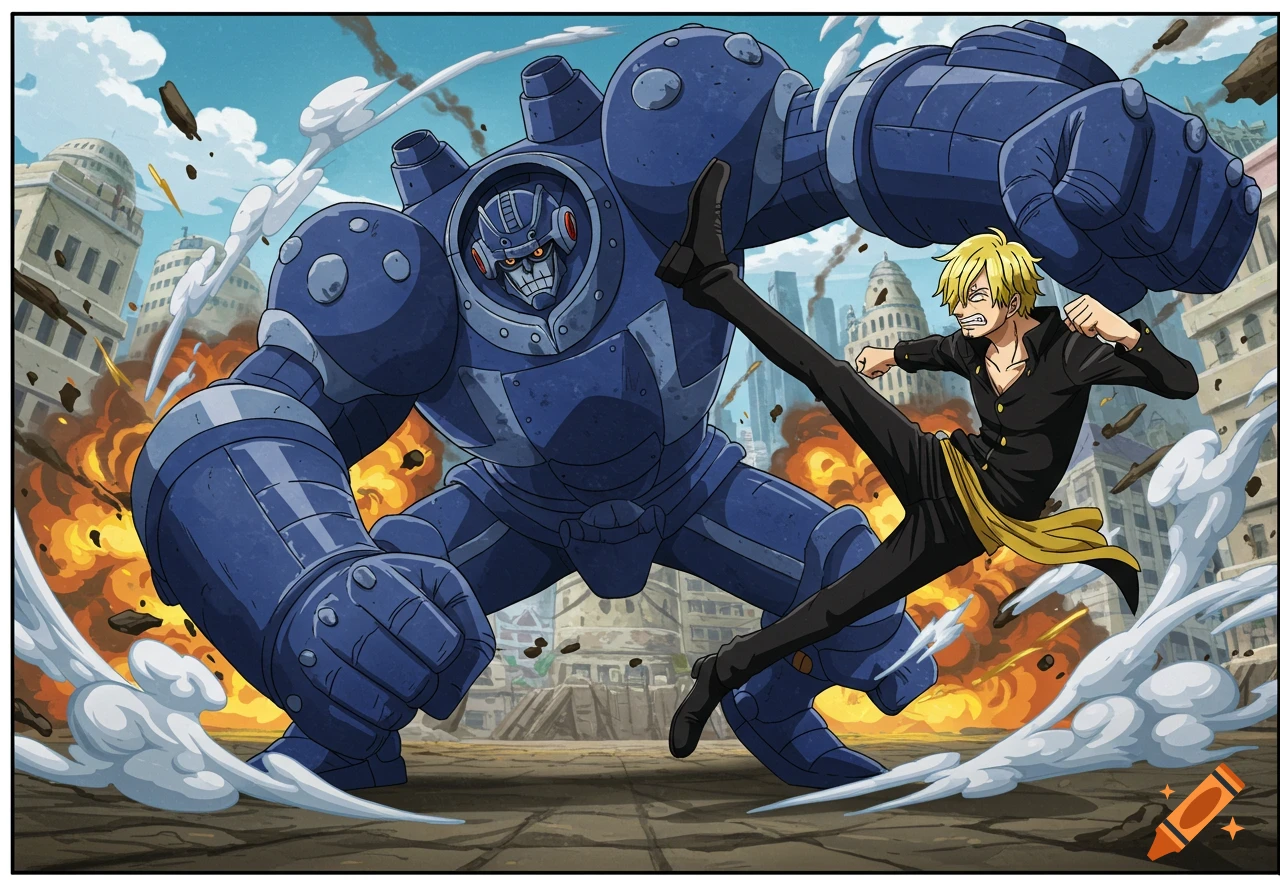 Sanji kicks a giant blue robot in a destroyed city in anime style.