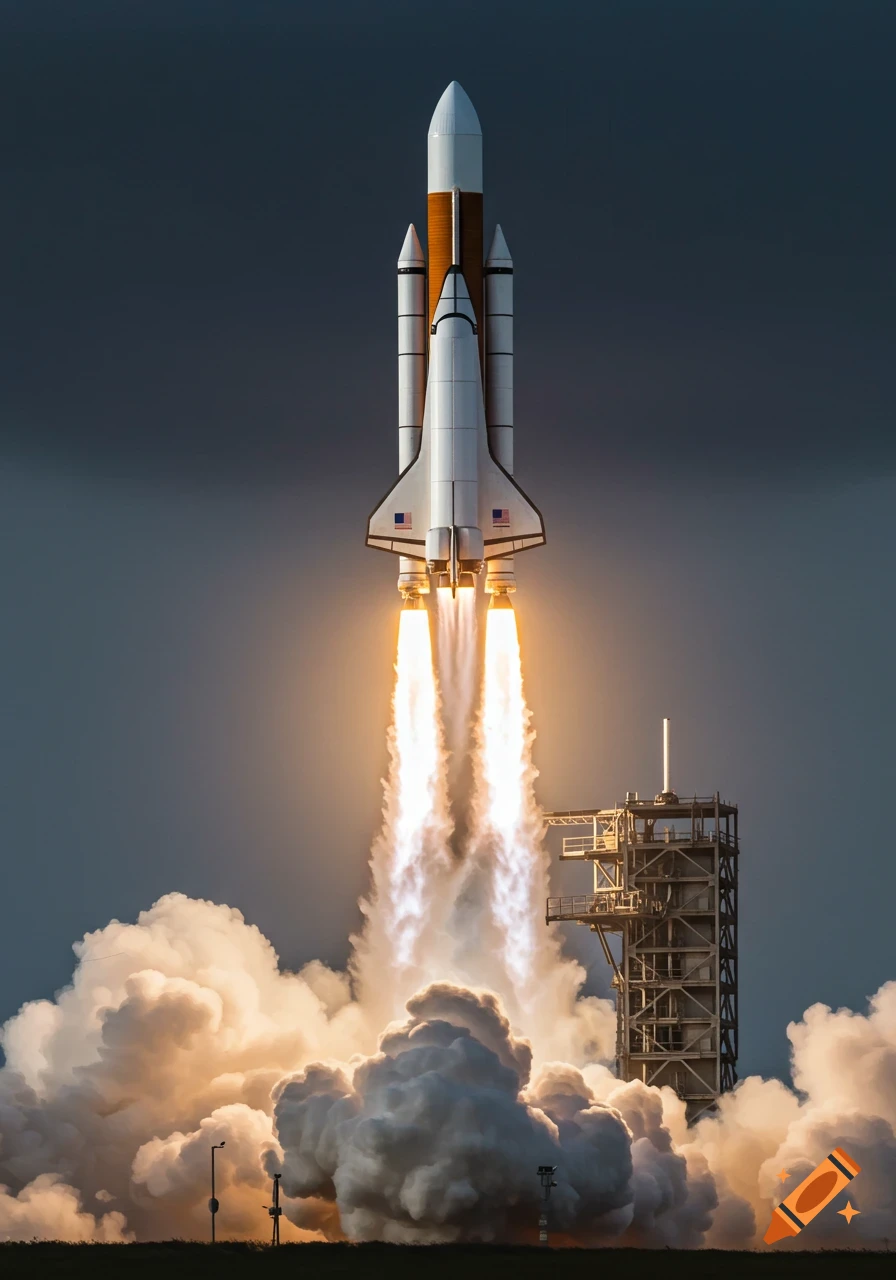 Large white and orange rocket launching into a dark sky with bright flames and smoke.