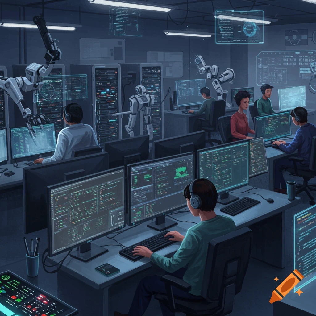 People work at computer stations in a futuristic lab filled with screens displaying code and data, alongside robotic arms and figures.