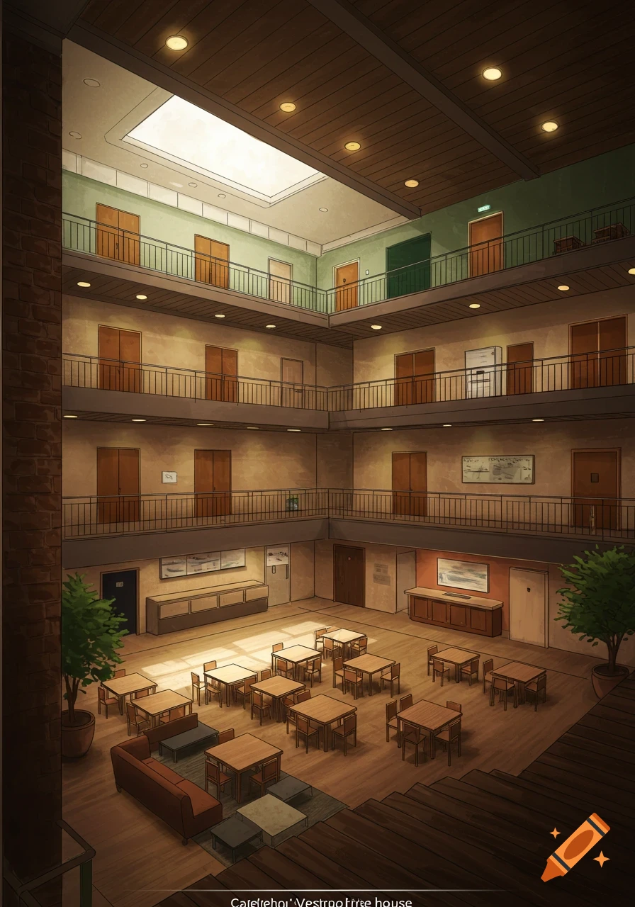 Interior view of a multi-story building lobby or cafe area with tables, chairs, and balconies.