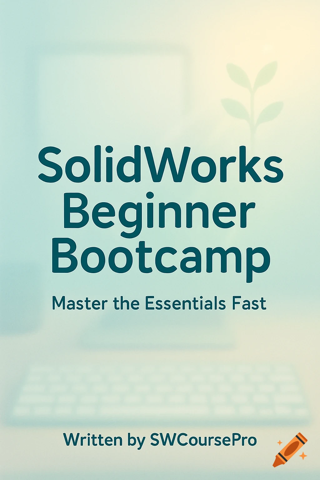 Ebook cover for SolidWorks Beginner Bootcamp, Master the Essentials Fast by SWCoursePro, with soft blurred background.