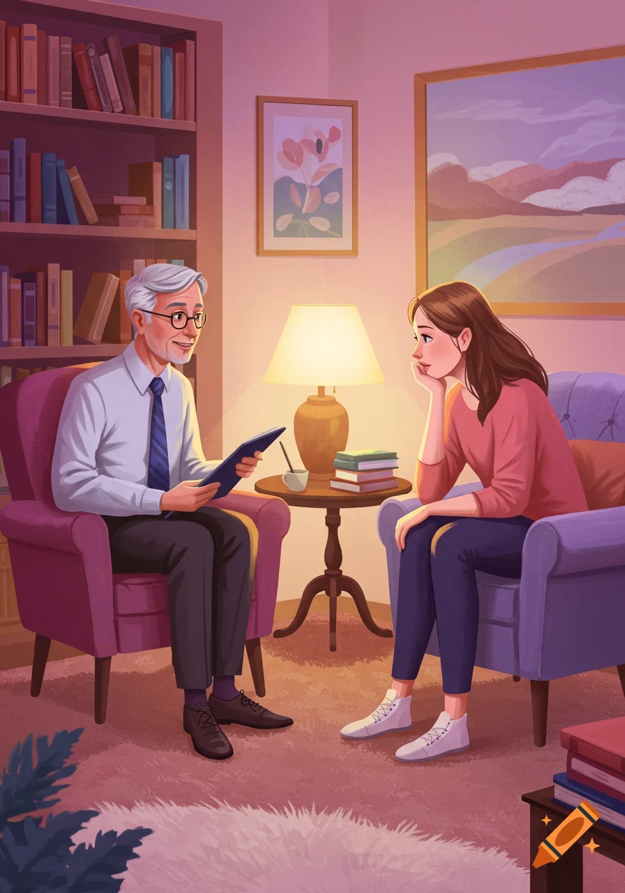 An illustration of a therapist talking to a patient in an office with a bookshelf.